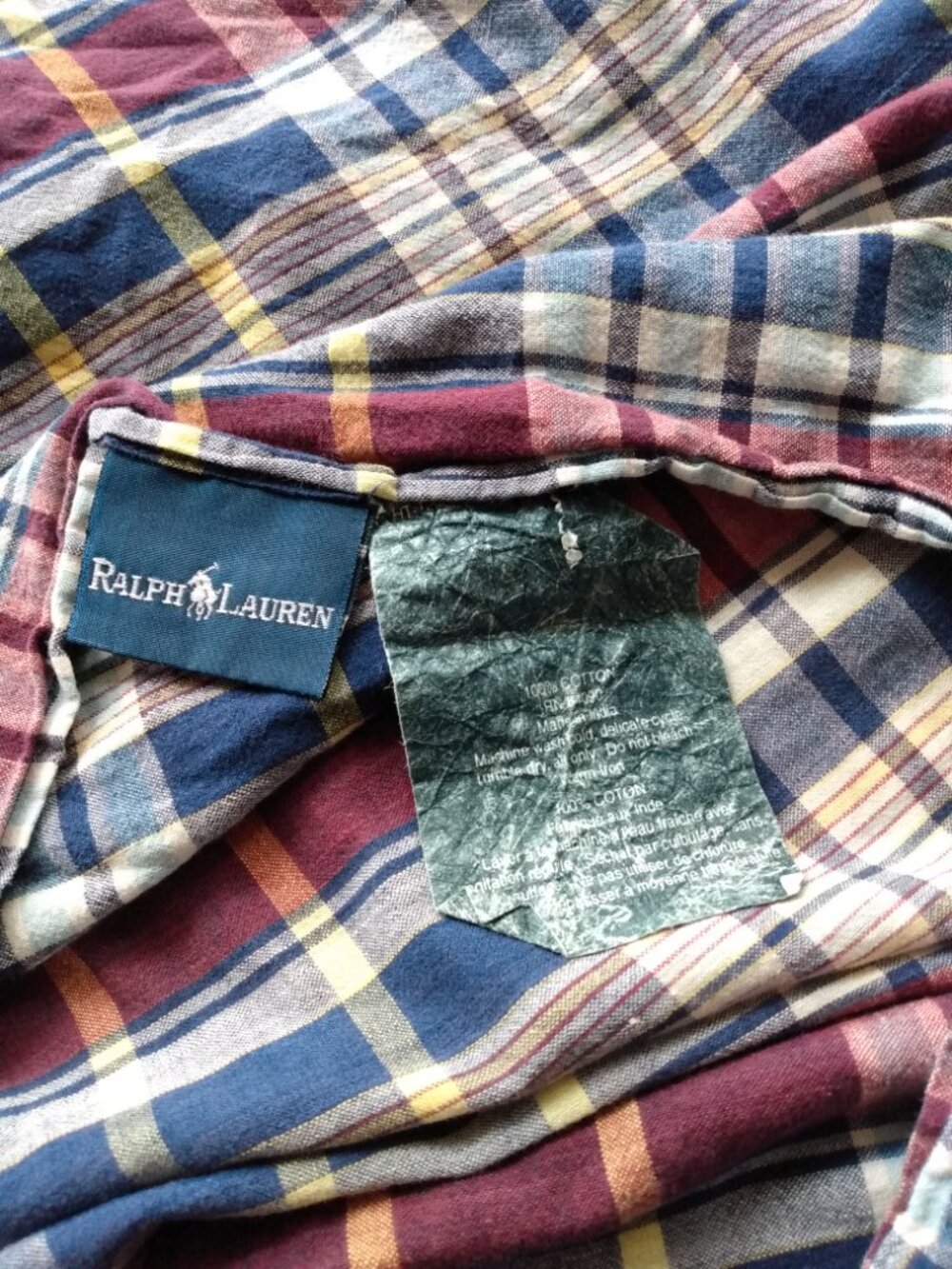 Vintage Ralph Lauren Polo Pillow Sham Madras Plaid Chambray Ruffle - Picture 11 of 14